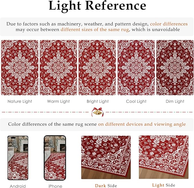 Christmas 5x7 Area Rug Red Xmas Floral Living Room Rug Washable Non Slip Soft Low Pile Lightweight Neutral Carpet for Kitchen Bedroom Dining Room Bathroom