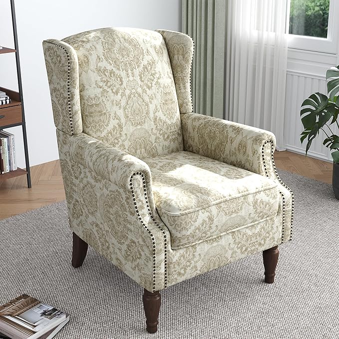 Lumibee Wingback Accent Chair,High Back Floral Armchairs in Fabric,Comfy Upholstered Reading Single Sofa Chair with Solid Wood Legs for Living Room,Bedroom,Office-White
