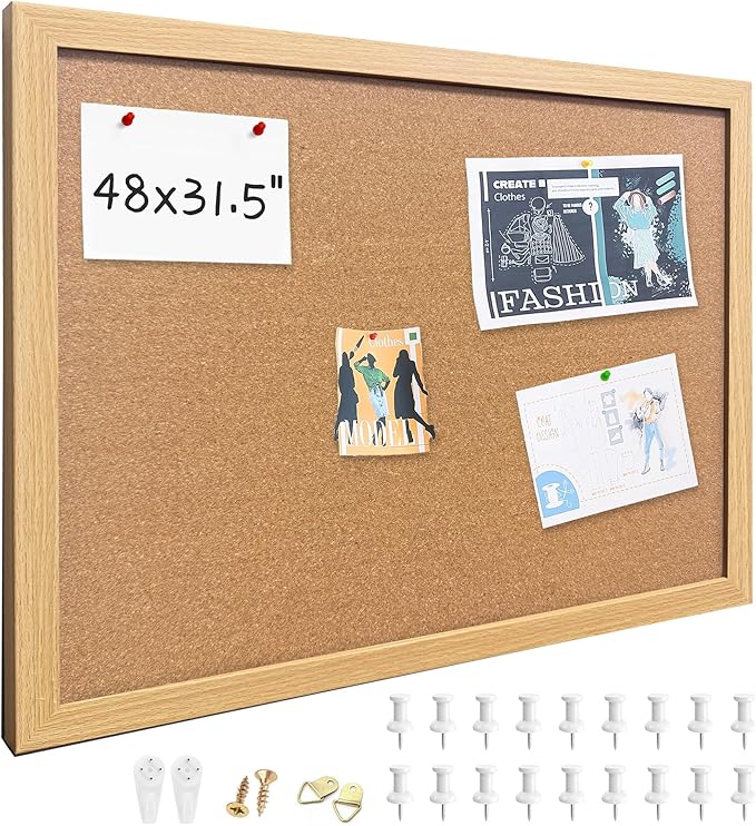 Cork Bulletin Board, 48x31.5 Inches Hanging Cork Board Wooden Framed with Pins for Wall, Dorm Room, Office, Home Decor – Natural Cork & Black Frame