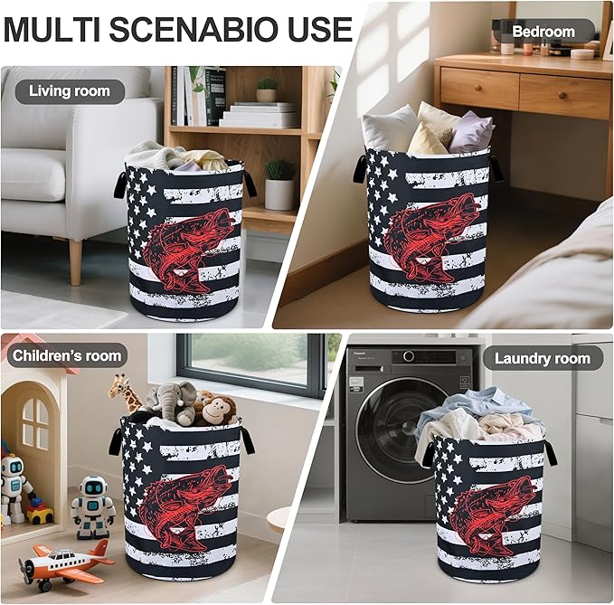 Bass Fish Laundry Basket Foldable Oxford Cloth Tote Bag Laundry Hamper Clothes Storage Bucket Organizer For Bathroom/Laundry Storage/Bedroom 19.6x15.7 Inch