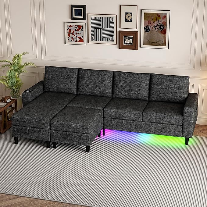 Sectional Couches for Living Room, 4 Seat Sectional Sofa with Smart Module-Wireless Charging/USB/Type-C/RGB Light, U Shaped Couch with Reversible Chaise Lounge/Storage Ottoman (Charcoal Grey)