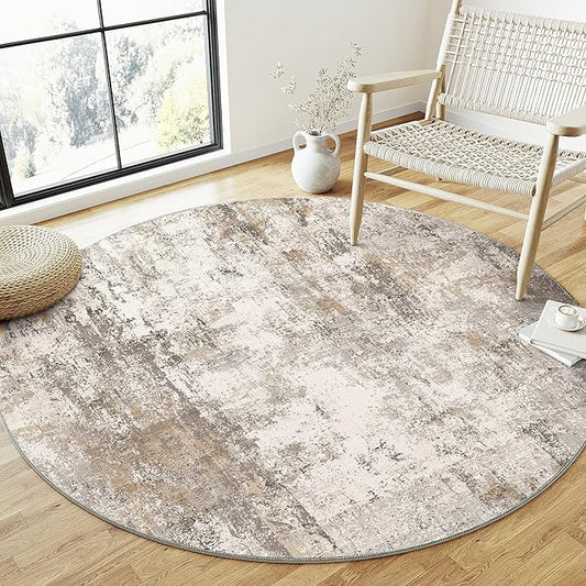 6x6 Washable Round Rug Brown Grey Abstract Living Room Bedroom Area Rug Neutral Modern Non Slip Soft Low Pile Indoor Carpet for Dining Room Office Entryway