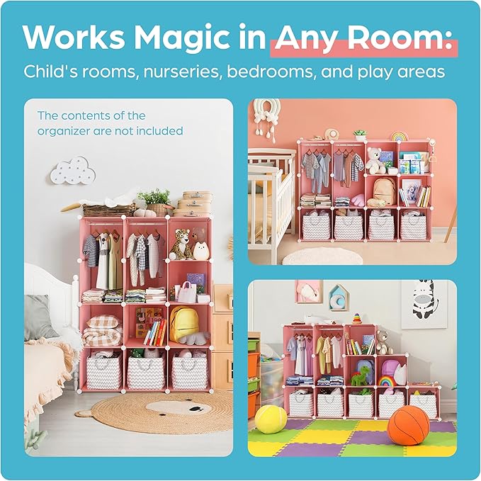 Baby Closet Organizer for Nursery - Durable Baby Wardrobe Armoire for Closet - Customizable Dresser Shelves - Waterproof Shelf Clothes Organizer w/Wall Fixation (Pink)