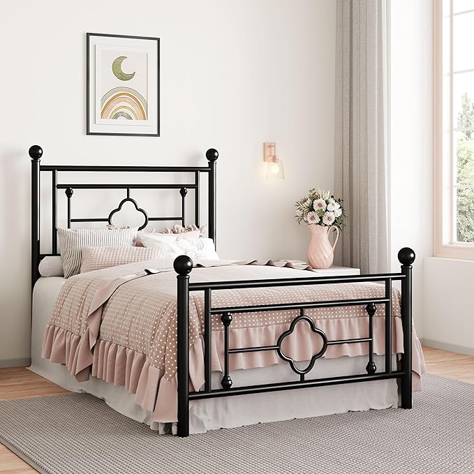 SHA CERLIN 14 Inches Twin Size Metal Platform Bed Frame/Vintage Iron-Art Headboard and Footboard/Mattress Foundation for Storage/No Box Spring Needed/Noise-Free/Easy Assembly/Black