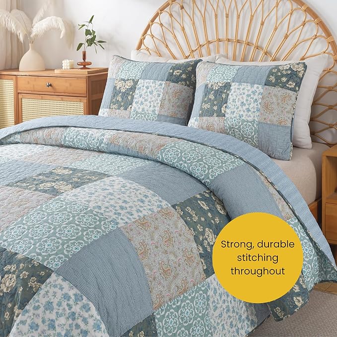 SLPR Wildflowers Cotton Quilt Set - Twin Size with 1 Sham, Blue Gray Floral Pieced Patchwork Design, Country Quilted Bedspread with Flower Pattern, Cottage Style Bedding for All Seasons