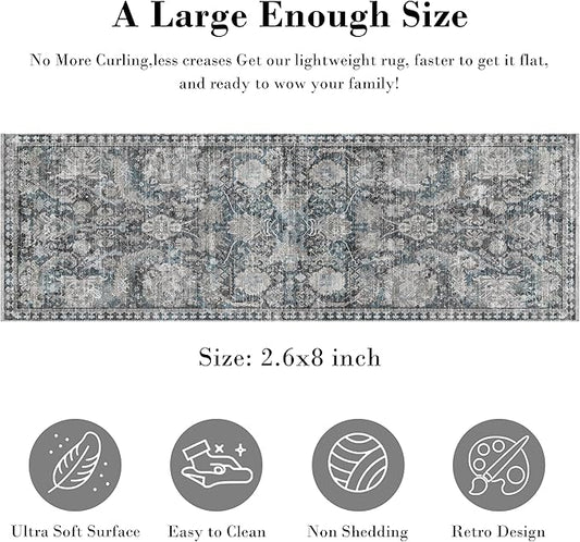 RUGSURE Washable Area Rugs - Perfect for Living Room, Bedroom, Kids Room, Nursery - Stain & Water Resistant Non-Slip, Pet & Child Friendly, Vintage Tribal Area Rugs (Grey and Bule, 2'6'' x 8')