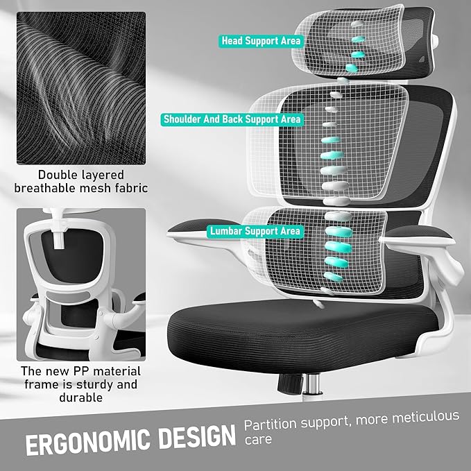 High Back Ergonomic Office Chair, Breathable Mesh Desk Chair with Lumbar Support, Adjustable Headrest, Flip-up Armrests, Computer Gaming Chair