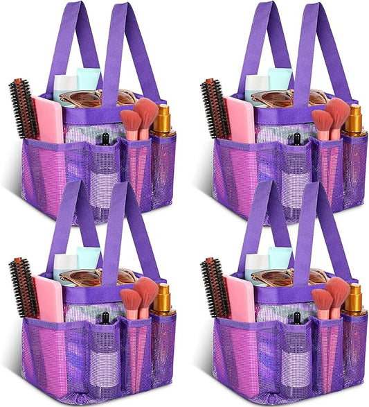 Hillban 4 Pcs Mesh Shower Caddy Portable Large Quick Dry Shower Caddy Basket with Deeper 8 Pockets and 2 Handles Hanging Bag for College Dorm Room (Purple)
