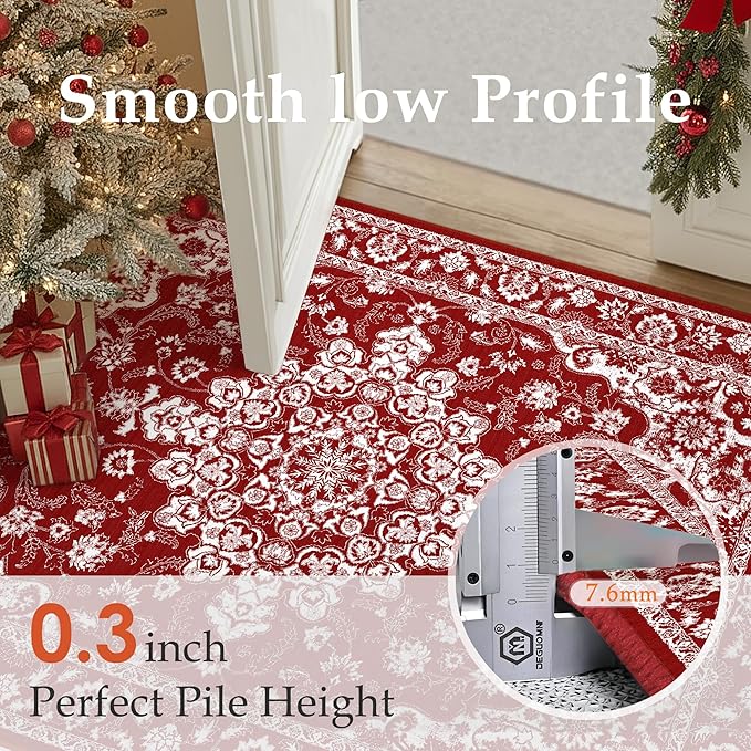 Christmas 3x5 Area Rug Red Xmas Floral Entryway Doormat Washable Non Slip Soft Low Pile Lightweight Neutral Mat for Living Room Bedroom Dining Room Bathroom