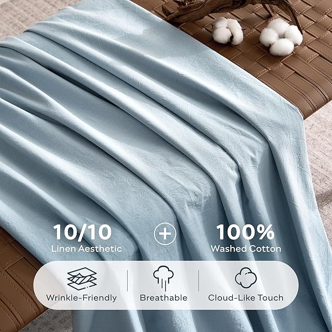 JELLYMONI 100% Washed Cotton Duvet Cover Queen – Soft, Breathable Linen-Look Bedding with Natural Wrinkle Texture, Button Closure, 3-Piece Set (Mist Blue, 90"x90")