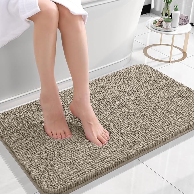 OLANLY Bathroom Rugs 24x16, Extra Soft Absorbent Chenille Bath Rugs, Rubber Backing Quick Dry, Machine Washable Bath Mats for Bathroom Floor, Tub and Shower, Home Decor Accessories, Warm Taupe