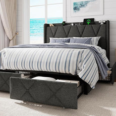 Full Size Bed Frame with 4 Storage Drawers, Upholstered Platform Bed with Charging Station, Modern Wingback Storage Headboard, Easy Assembly,Noise-Free, Dark Gray