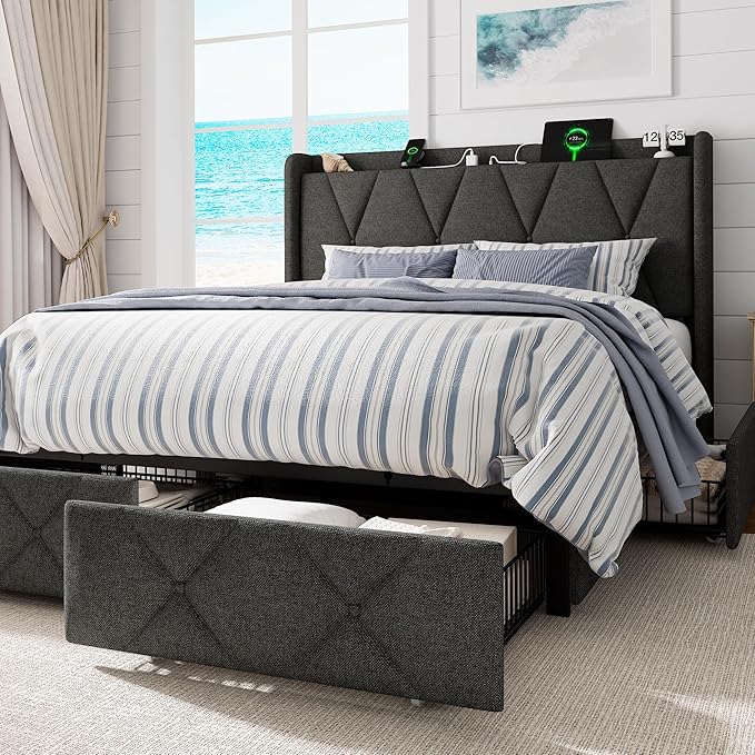 Queen Bed Frame with 4 Storage Drawers, Upholstered Platform Bed with Charging Station, Modern Wingback Storage Headboard, Easy Assembly,Noise-Free, Dark Gray
