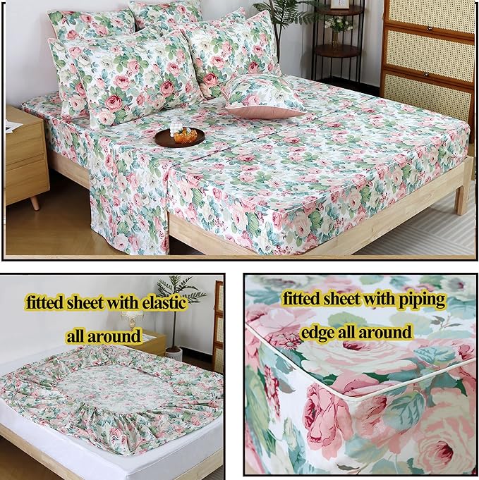 FADFAY Sheets Set Queen Pink Rose Floral Bedding Romantic French Country Peony Floral Sheets Vintage Farmhouse Bedding 100% Cotton Breathable Bedding with Deep Pocket Fitted Sheet 4Pcs, Queen Size