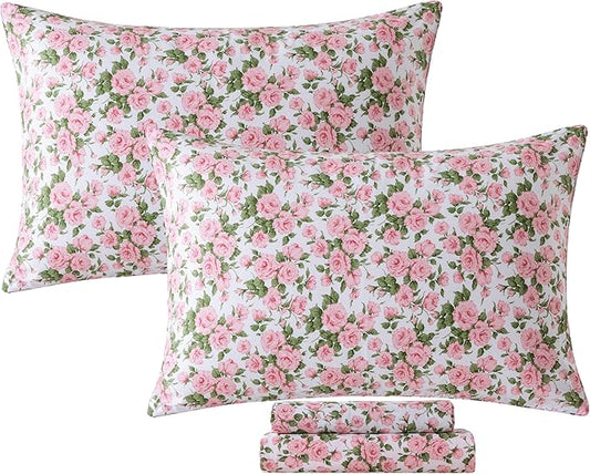 FADFAY Sheets Set King Pink Rose Floral Bedding Rustic Peony Flower Bed Sheet Set Vintage Farmhouse Bedding 100% Cotton Ultra Soft Breathable Collection with Deep Pocket Fitted Sheet 4Pcs, King Size
