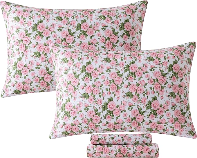 FADFAY Sheets Set Twin Pink Rose Floral Bedding Rustic Peony Flower Bed Sheet Set Vintage Farmhouse Bedding 100% Cotton Ultra Soft Breathable Collection with Deep Pocket Fitted Sheet 4Pcs, Twin Size