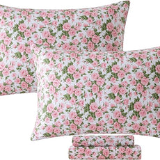 FADFAY Sheets Set Queen Pink Rose Floral Bedding Rustic Peony Flower Bed Sheet Set Vintage Farmhouse Bedding 100% Cotton Soft Breathable Collection with Deep Pocket Fitted Sheet 4Pcs, Queen Size