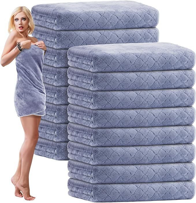 16 Pack Microfiber Bath Towels Bulk 27'' x 60'' Oversized Size Bath Towel Highly Absorbent Extra Large Soft Drying for Shower Beach Winter Salon Sport Gym Party (Diamond,Light Grey)