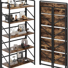 JSB Folding Bookshelf,Industrial Storage Shelves, No Assembly Vintage Wood Look Bookshelf with Storage Shelves for Living Room, Bedroom, Office (Fire Brown, 5-Tier)