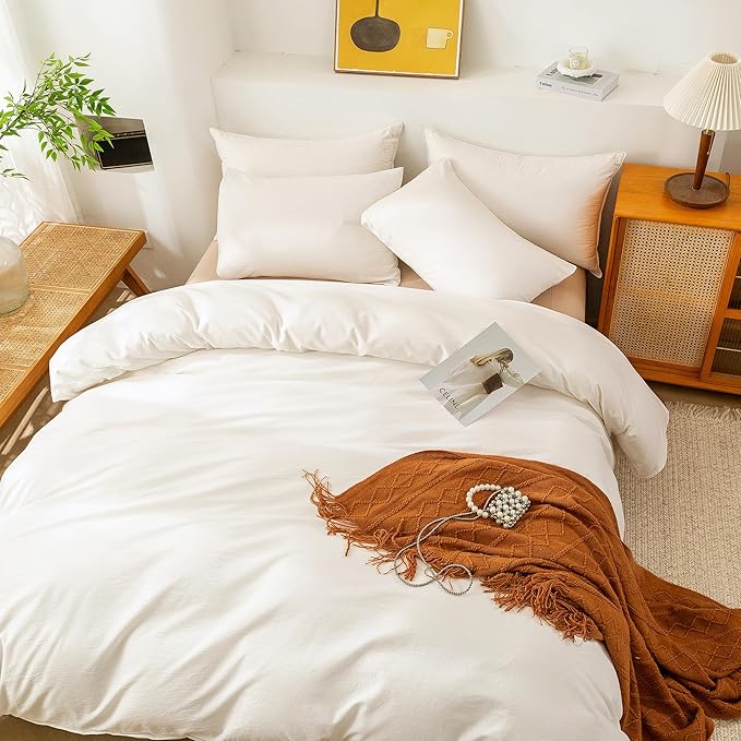 ECOCOTT 100% Washed Cotton Duvet Cover Twin Size – Soft & Breathable Linen Feel Bedding Set, 3 Pieces White Comforter Cover with Zipper Closure for All Seasons
