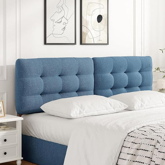 Tufted Upholstered King Headboard, Adjustable Height King Size Headboard Only from 39”to 44” with Durable Solid Wood Legs, Modern Button Diamond Fabric Head Board with Width Adapters, Blue