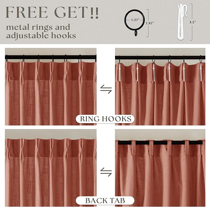 80 Inch Pinch Pleated Linen Curtains 2 Panels for Living Room Bedroom Boho Farmhouse Terracotta Semi Sheer Back Tab Pinch Pleat Hooks Rings Red Clay Window Curtain Burnt Orange Autumn Fall Decor