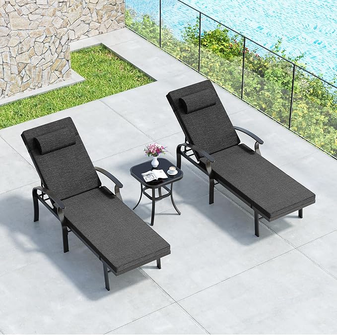 Patio Lounge Chairs Set of 3,Outdoor Lounge Chairs with 5 Adjustable Positions Backerst,Armrest Lounge Chair for Beach,Yard,Balcony,Poolside,Black