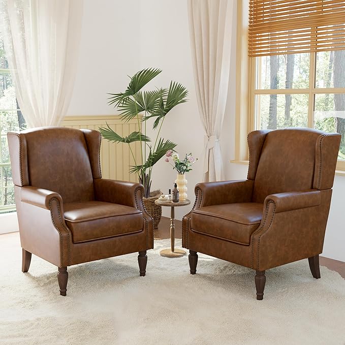 Lumibee Accent Chairs, Faux Leather High Back Armchair setof 2 or Living Room, Comfy Upholstered Single Sofa Reading Chairs with Solid Wood Legs for Office, Bedroom, Waiting Room-Leather Brown