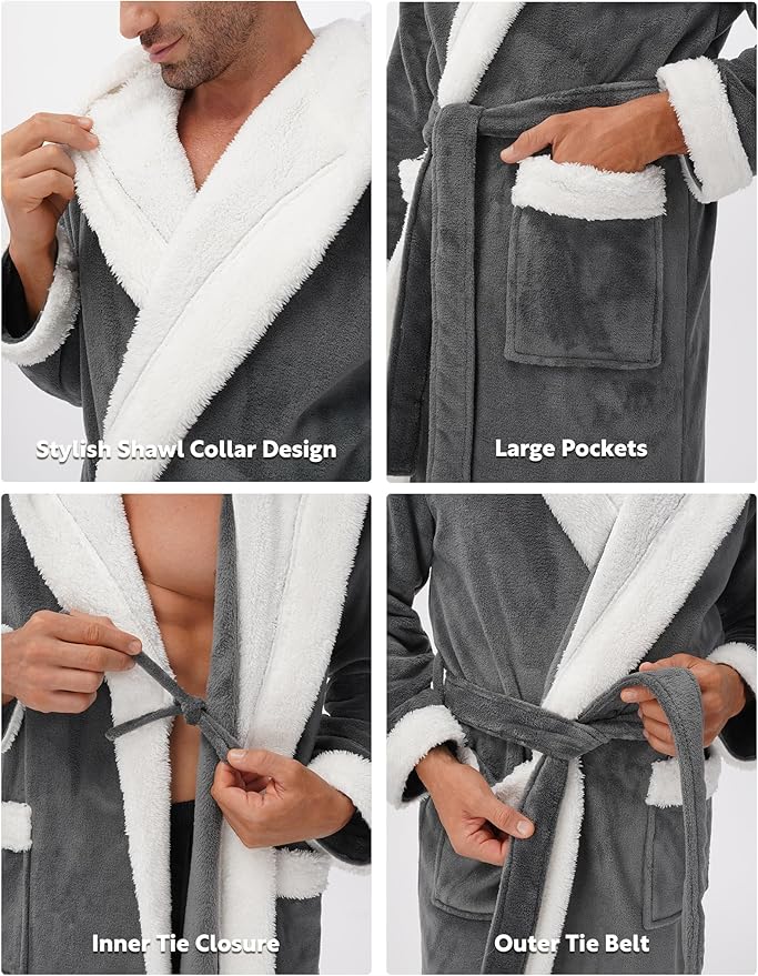 DAVID ARCHY Men's Hooded Robe Soft Coral Fleece Microfiber Bathrobe