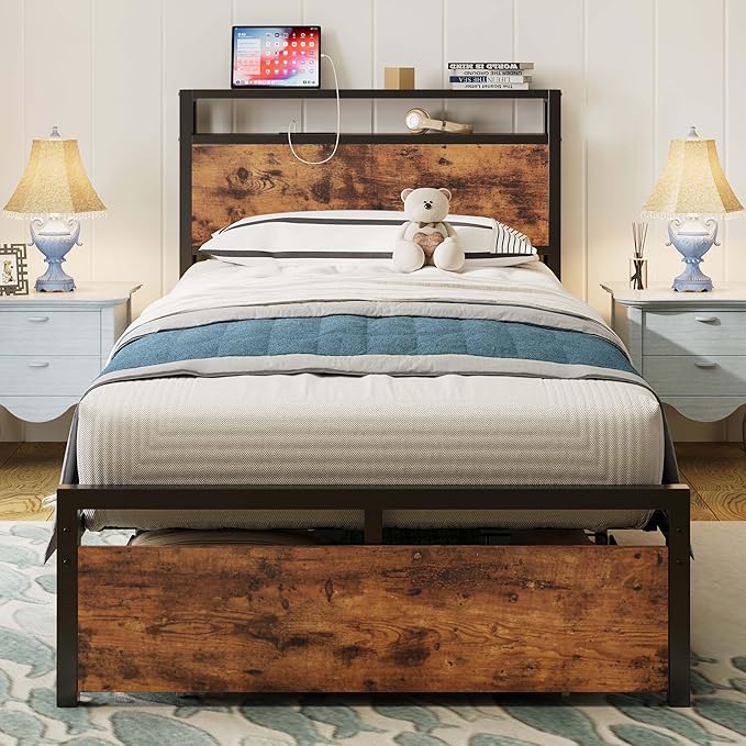 LIKIMIO Twin XL Bed Frames with Drawer, Storage Headboard with Outlets, No Box Spring Needed, Easy Assembly, Vintage Brown