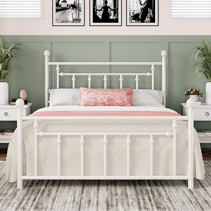 Allewie 14 Inch Full Size Metal Platform Bed Frame with Victorian Vintage Headboard and Footboard/Mattress Foundation/Under Bed Storage/No Box Spring Needed/Easy Assembly/Noise Free/White