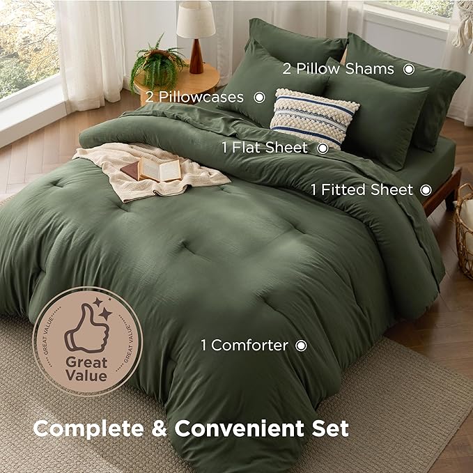 Bedsure King Size Comforter Set, Dark Green Soft Prewashed Bedding for All Seasons, 7 Pieces Warm Winter Down Alternative Bed Set, Fluffy Bed in a Bag with Sheets, Pillowcases & Shams