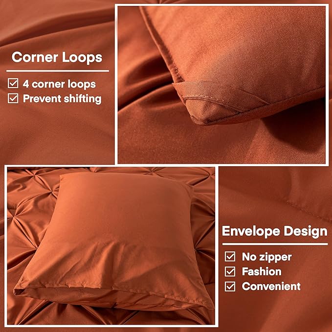 Andency Burnt Orange Terracotta King Size Comforter Set, 3 Pieces Pinch Pleat All Season Bedding Set, Soft Lightweight Microfiber Down Alternative Comforter Bed Set