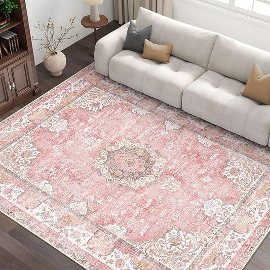 Pink Rug 6'x9' Area Rugs,Boho Washable Rug for Living Room Bedroom Dining Room,Large Vintage Bohemian Distressed Oriental Carpet Non Slip,Blush Floral Flowers
