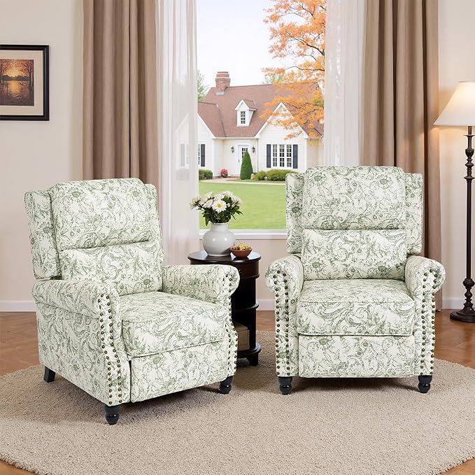 Recliner Chair, Modern Pushback Armchair with Adjustable Backrest & Footrest for Bedroom, Living Room (Rococo Green,Set of 2)