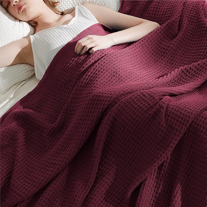 Bedsure Gentlesoft 100% Cotton Blanket King Size for Bed - Breathable and Soft, Thick Cozy Waffle Weave Christmas Blanket Gift for Women, Red, 104x90 inches