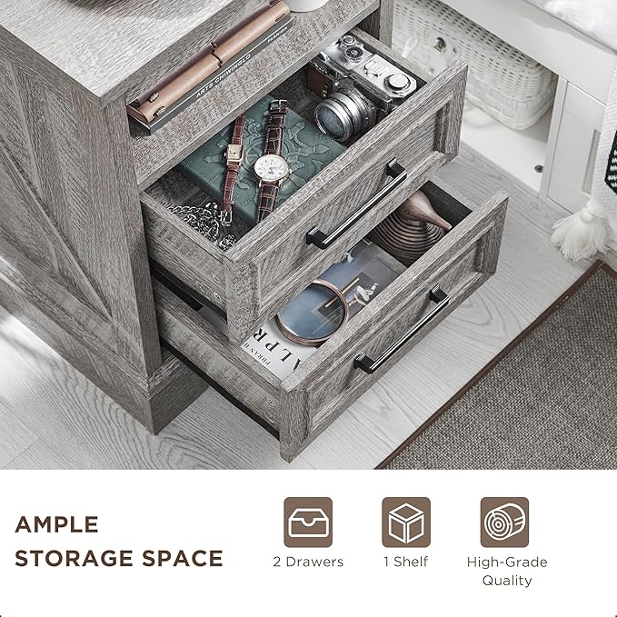 ACCOHOHO 18" Farmhouse Nightstand with Charging Station,End Table with 2 Drawers Storage,Side Table,Bedside Cabinet for Bedroom,Living Room,Grey