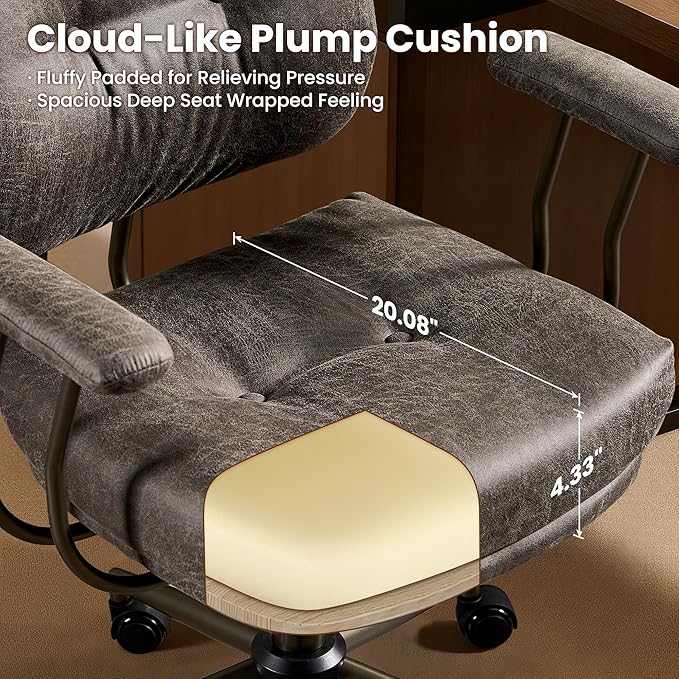 ovios Ergonomic Office Chair, Mid Back Faux Leather Executive Chairs with Thick Cushion, Comfy Mid-Century Modern Swivel Rolling Computer Armchair (Dark Grey, Suede Leather)
