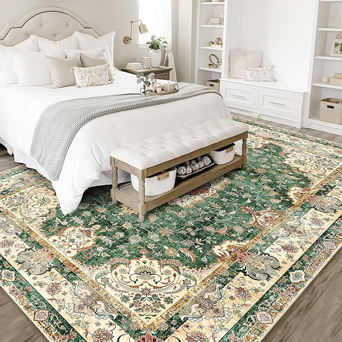8'x10' Area Rugs Washable,Green Rug for Living Room Bedroom Dining Room,Large Boho Vintage Bohemian Distressed Oriental Carpet Non Slip,Retro Sage Floral