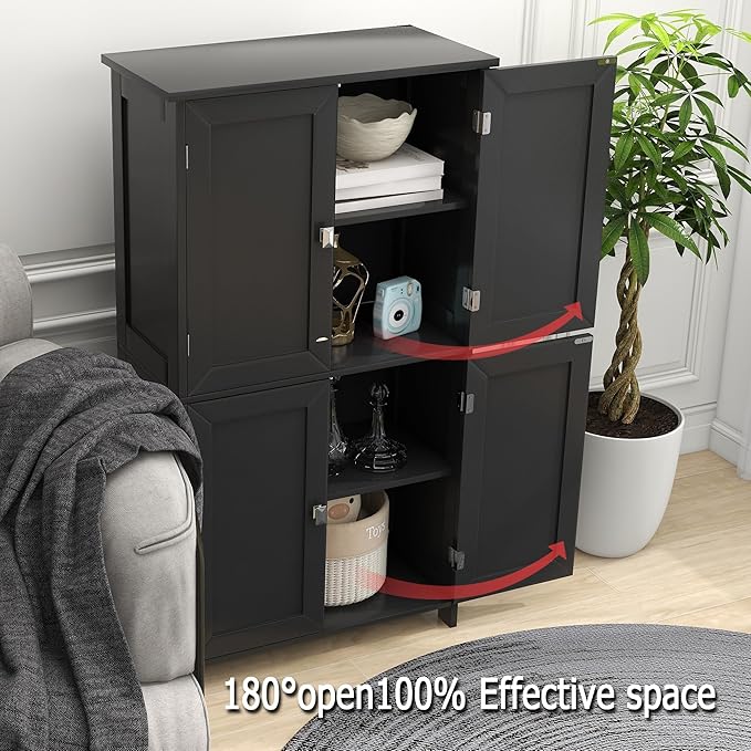 TaoHFE 2 Tier Bathroom Storage Cabinet,Wood Bathroom Cabinets Freestanding with 4 Door Organizers Storage with Adjustable Shelves, Storage Cabinet for Living Room, Laundry Room, Black