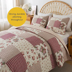 SLPR Country Roses Patchwork Cotton Pieced Quilt Set - King Size with 2 Shams, French Country Style Floral Bedding, Red Rose Farmhouse Quilted Bedspread with Flower Pattern