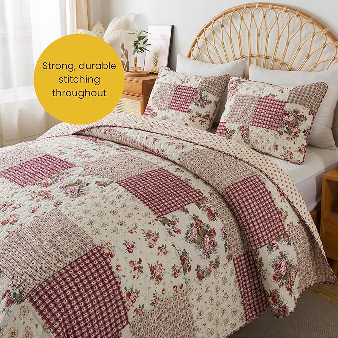 SLPR Country Roses Patchwork Cotton Pieced Quilt Set - Queen Size with 2 Shams, French Country Style Floral Bedding, Red Rose Farmhouse Quilted Bedspread with Flower Pattern