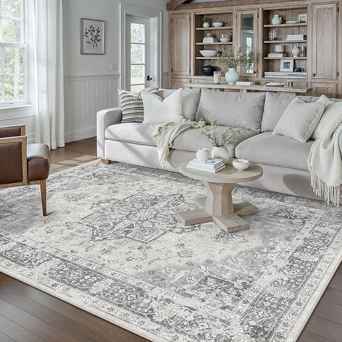Gray 5x7 Area Rug Washable Vintage Living Room Carpet Non Slip Retro Distressed Low Pile Soft Oriental Medallion Thin Grey Throw Rug for Kitchen Bathroom Office Bedroom Dining Room