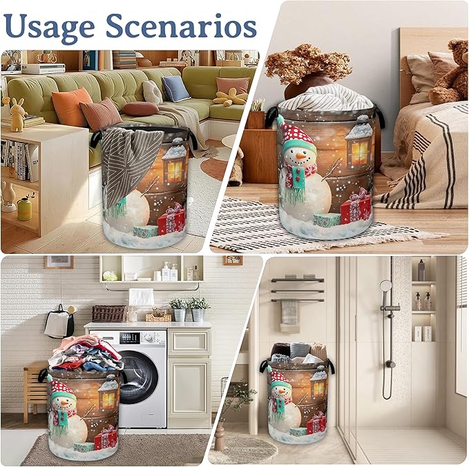 Christmas Laundry Basket,Oxford Cloth Snowman Laundry Hamper With Handle Foldable Portable Clothes Storage Basket for Laundry Room/Bedroom/Bathroom 20.8"x16"
