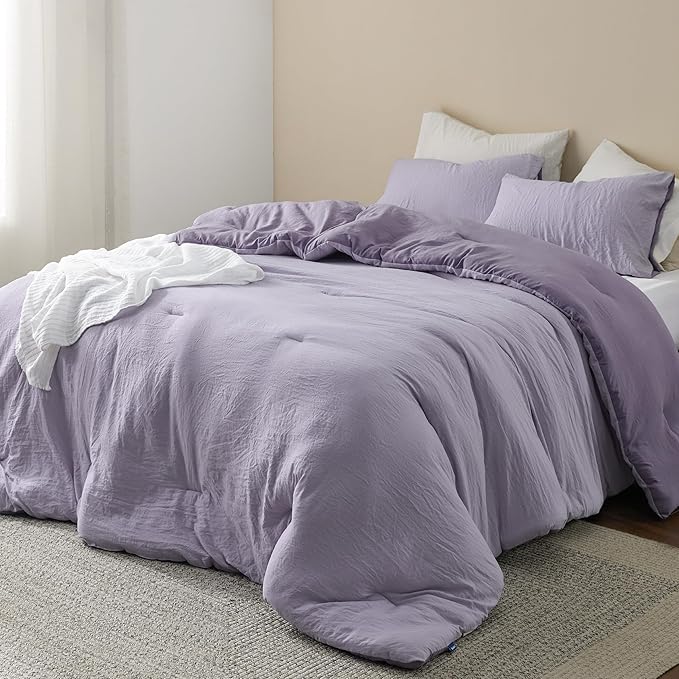 Bedsure Queen Size Comforter Set, Reversible Purple Soft Prewashed Bedding for All Seasons, 3 Pieces Warm Down Alternative Bed Set, 1 Lightweight Comforter (90"x90") and 2 Pillowcases (20"x26")