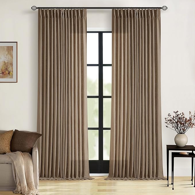 Extra Long Brown Linen Curtains 120 Inches Long Dutch Cocoa Boho Country Farmhouse Curtain Light Filtering Semi Sheer Back Tab Pinch Pleat Curtain for Tall Ceiling Living Room Bedroom 2 Panels