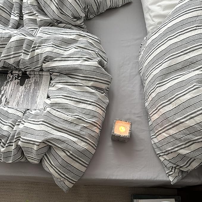 VM VOUGEMARKET Black Grey Striped Duvet Cover Set Queen Size - 3 Pieces Washed Cotton Bedding Set,Preppy Style Quilt Comforter Cover for College Dorm,90"x90"