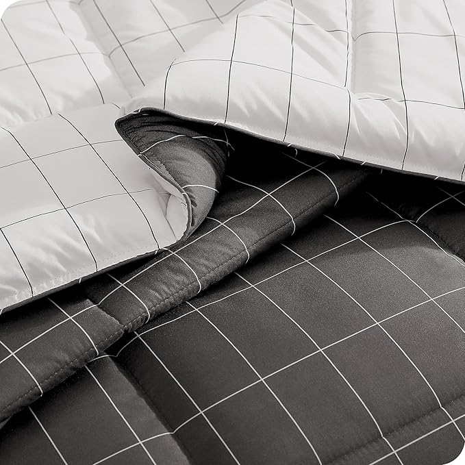 Bare Home Bed-in-A-Bag 7 Piece Comforter & Sheet Set - King - Goose Down Alternative - Ultra-Soft 1800 Premium Bedding Set (King, Grid - Grey/White Comforter Set, White Sheet Set)