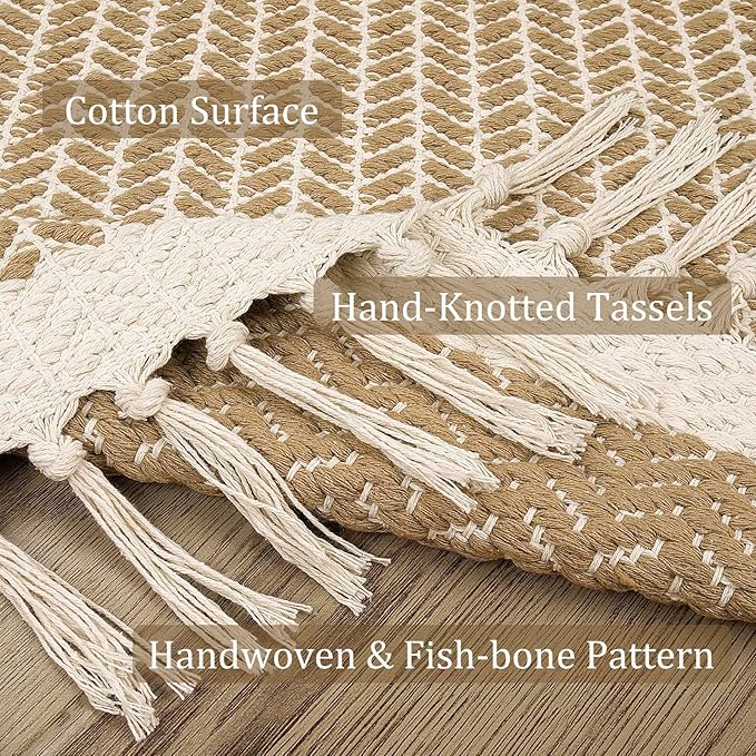 Lahome Boho Bathroom Runner Rug, 2x5 Hallway Runner Rugs Washable Rugs for Entryway Indoor Door Mat with Tassels, Farmhouse Woven Cotton Low Pile Rug Runners for Hallways Laundry Room, Khaki