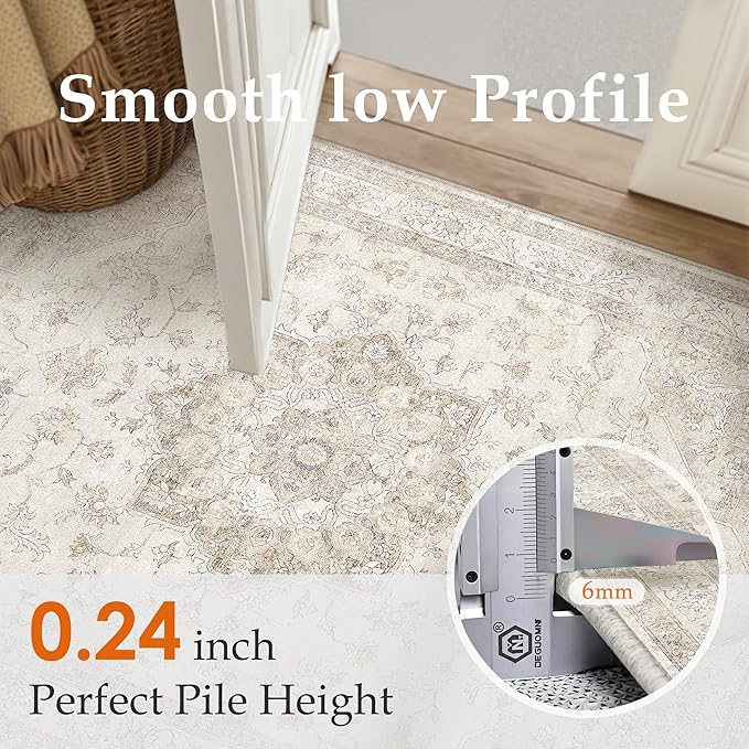 Beige Runner Rug 2'6"x8' Washable Vintage Carpet Hallway Kitchen Soft Retro Low Pile Thin Indoor Bedroom Non Slip Oriental Medallion Long Throw Rug for Bathroom Laundry Dining Room